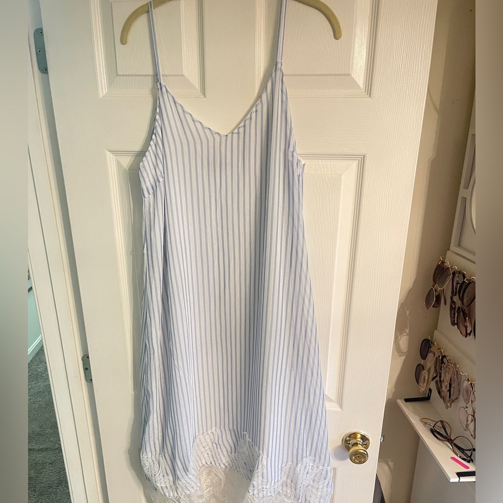 Gilli Light Blue and White Striped Lace Hem Slip Dress